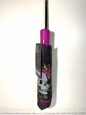 Ed Hardy Black Umbrella with Pink Logo and Skull Floral Design